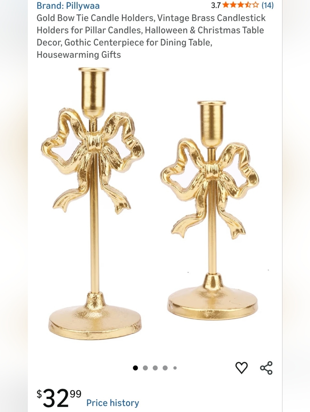 Gold Bow Ribbon Candle Holders - Set of 2